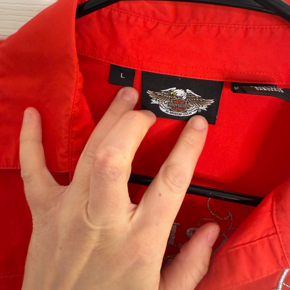 Harley Davidson Red Button Down Shirt Women's Large Long Sleeve Embroidered - Picture 2 of 5